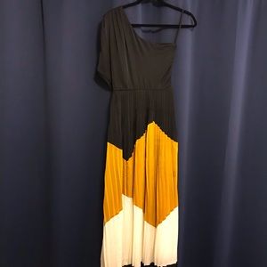 Full length pleated cocktail dress with one sleeve